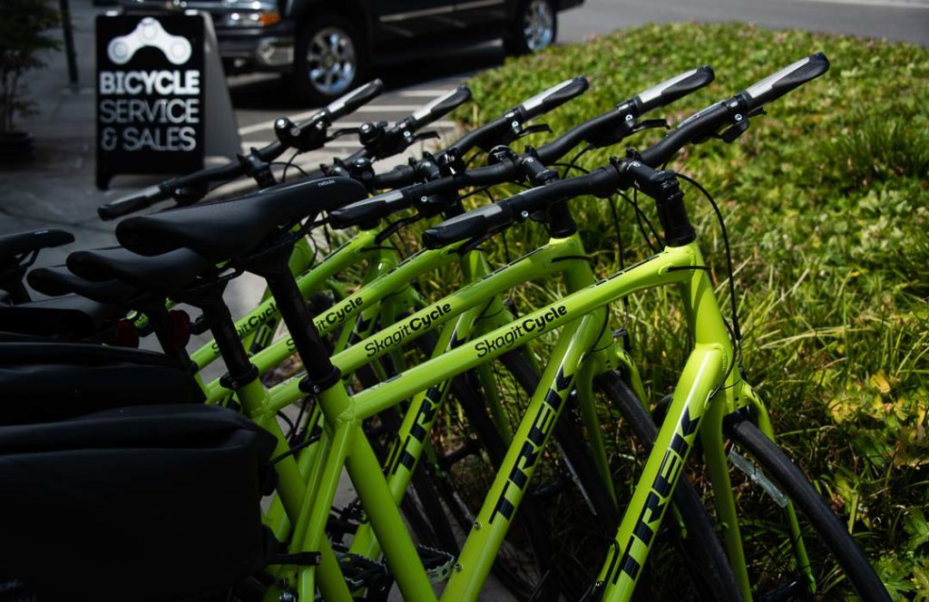 Bicycles in a bike rack.