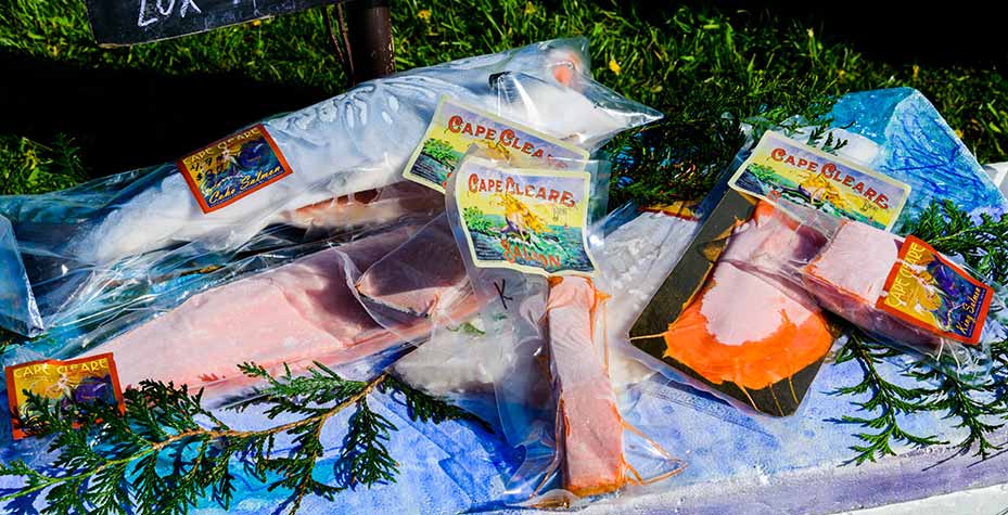 Fish on display at a farmers market.