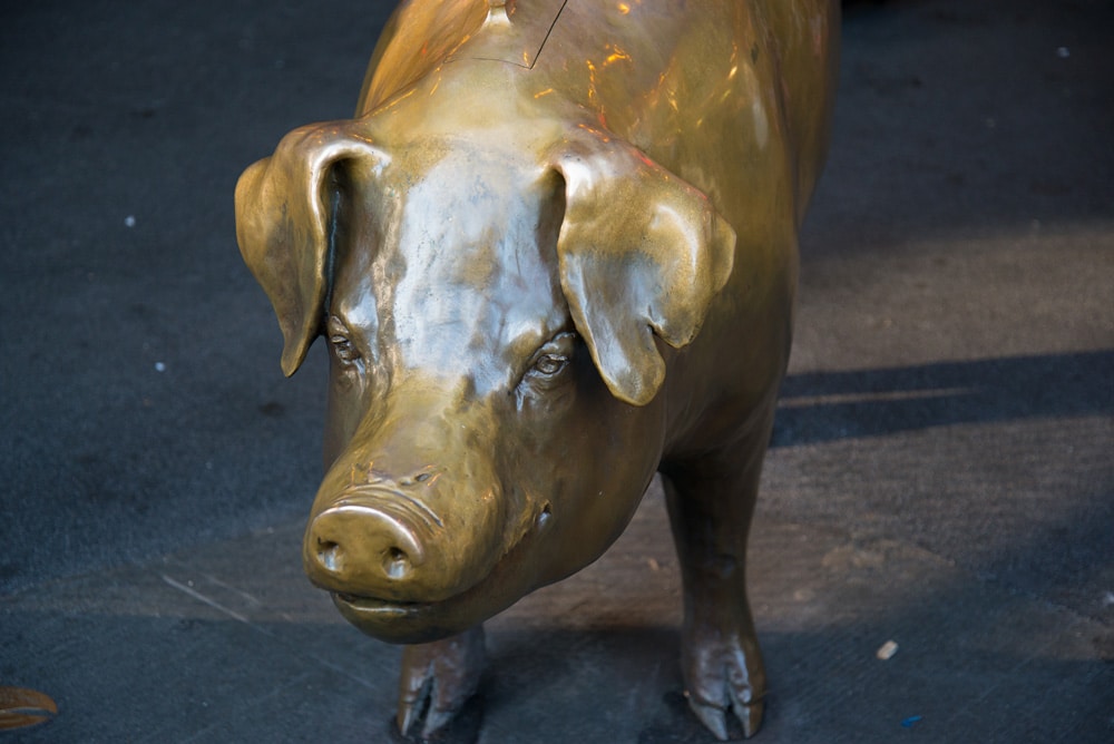 Large brass sculpture of a pig.