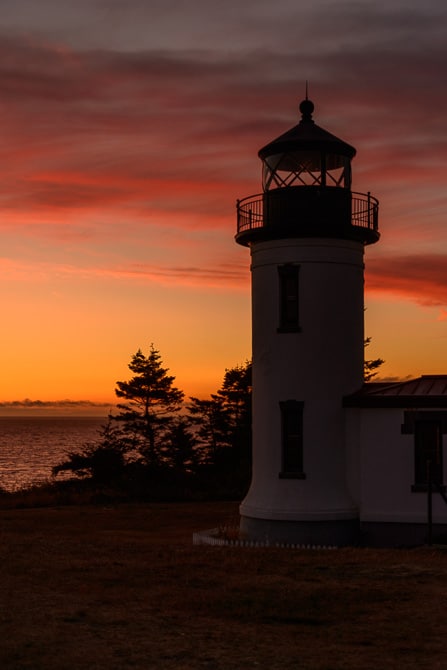 A darkened lighthouse at sunset.