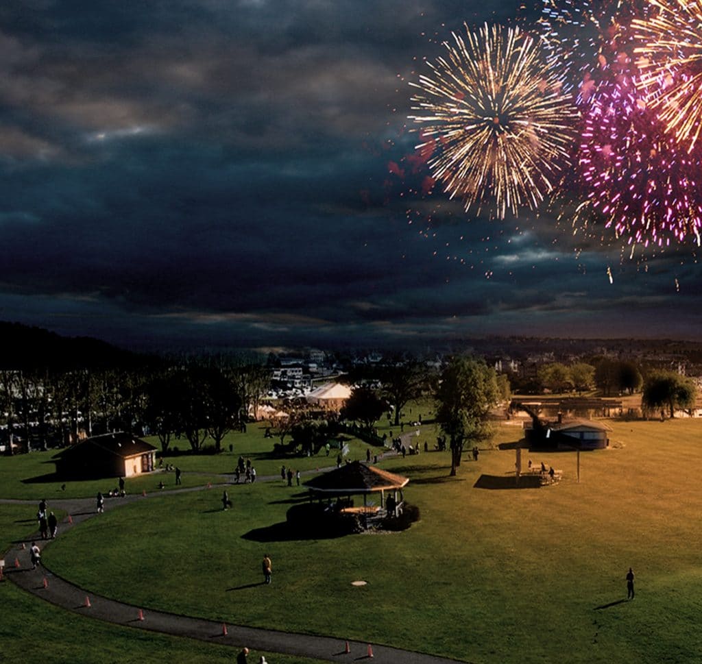 Aerial shot of fireworks over Oak Harbor