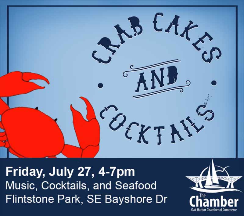 Poster showing the outline of a crab and the words Crab Cakes and Cocktails