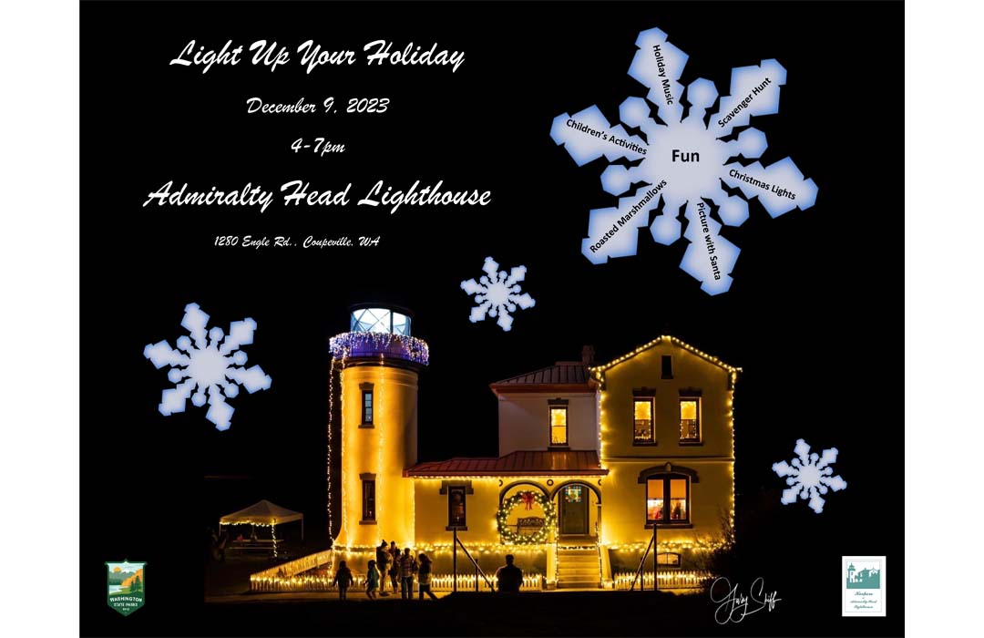 Lighthouse at night decorated with lights. Basic information about the event is also in the image.