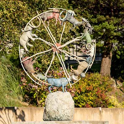 A large wheel with various animals attached