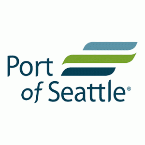 Logo says Port of Seattle and has three colorful stripes.