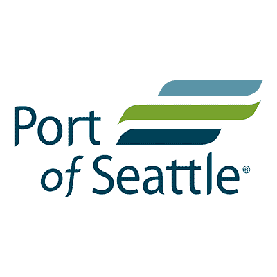 Port of Seattle logo has the words Port of Seattle with three lines, green, blue and light blue