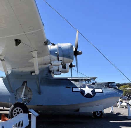 A side view of the World War Two era, the PBY Catalina, also known as the flying boat because it landed on water.