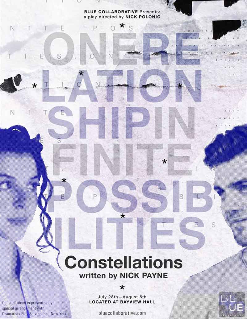 Poster for the play showing a man and woman looking at each other and the words, "one relationship infinite possibilities."