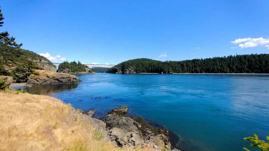 The water of Deception Pass with the bridges in the distant background.