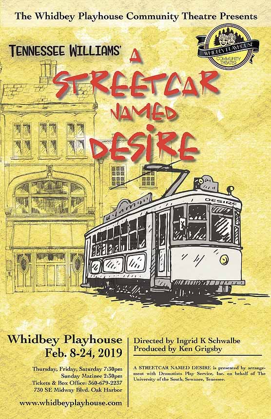 Poster for the play "A Streetcar Named Desire" with the title along with the drawing of a streetcar.