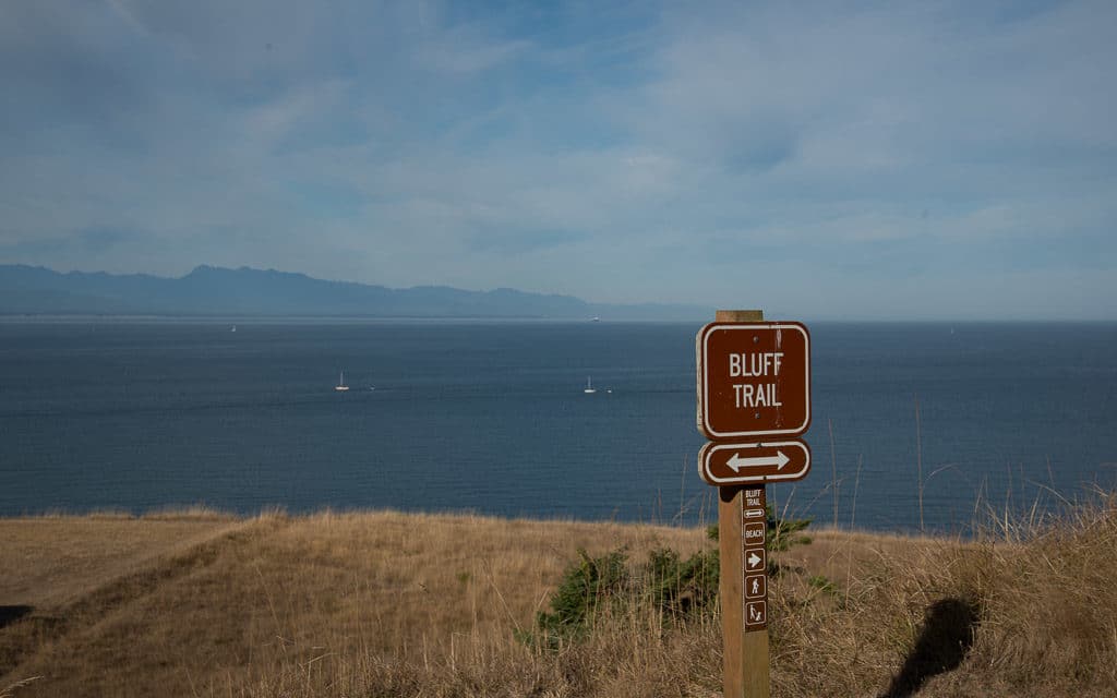 Fort Ebey State Park trail along the bluff with the ocean in the background