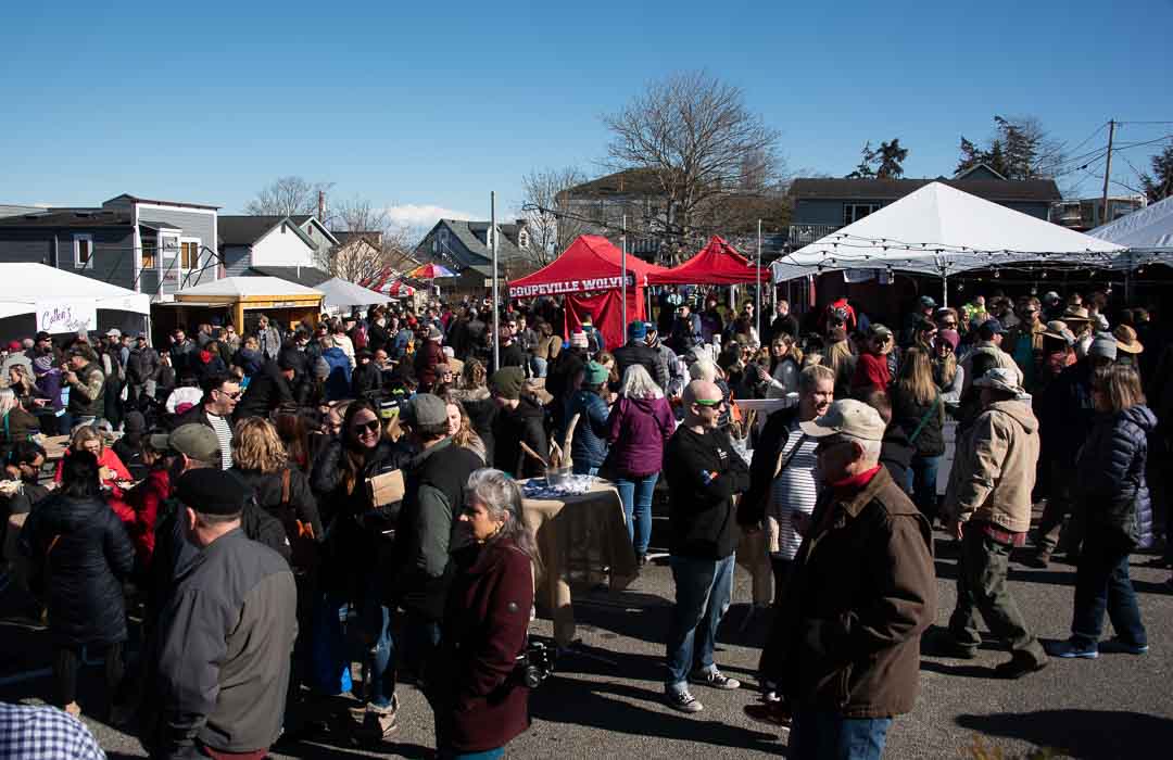 People attending an outdoor festival.  Display tents are around the perimeter.