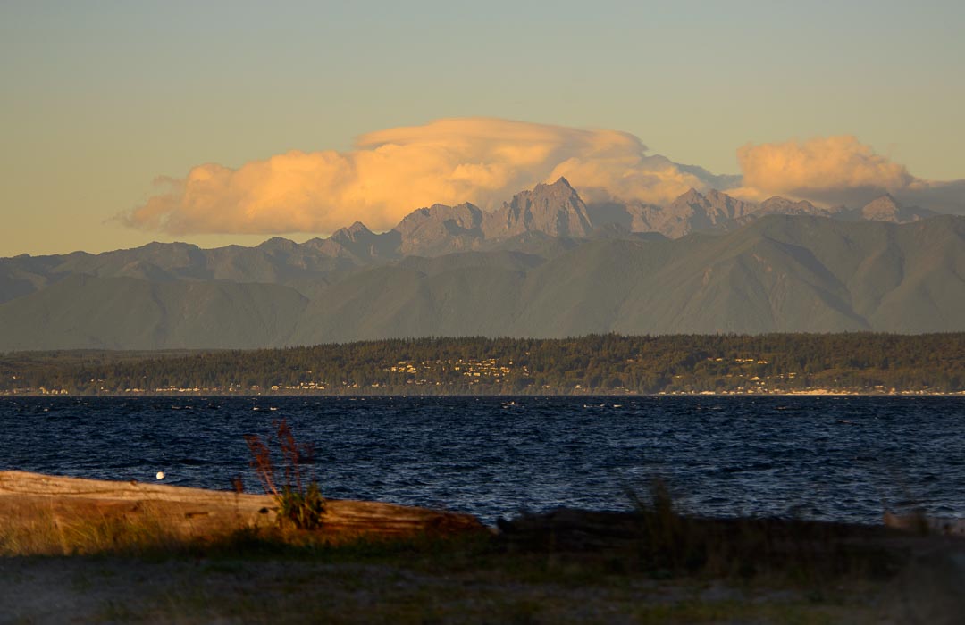The waters of Puget Sound with the Olympic Mountains in the background.
