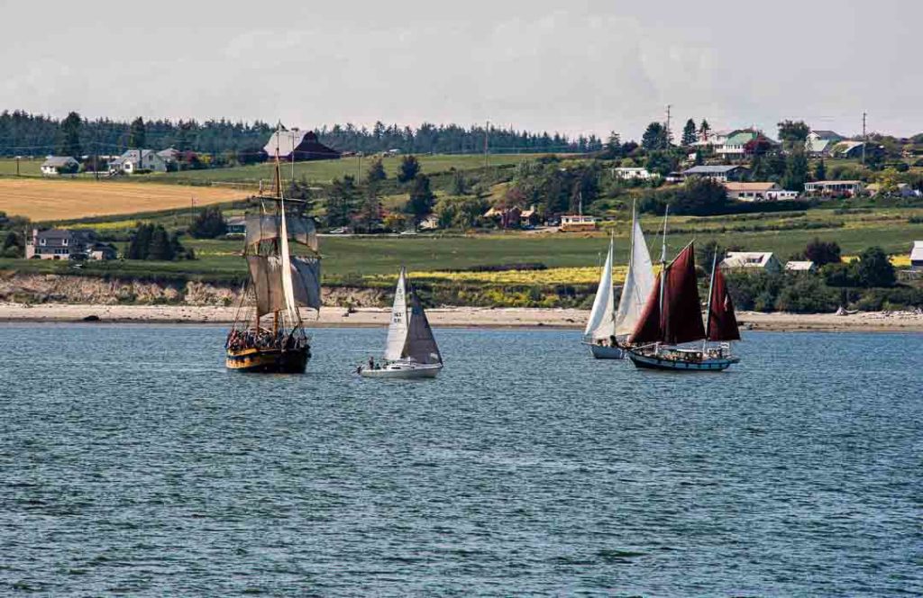 Sailing Ships on Penn Cove.  One is in the style of an old sailing ship from the 1800's.