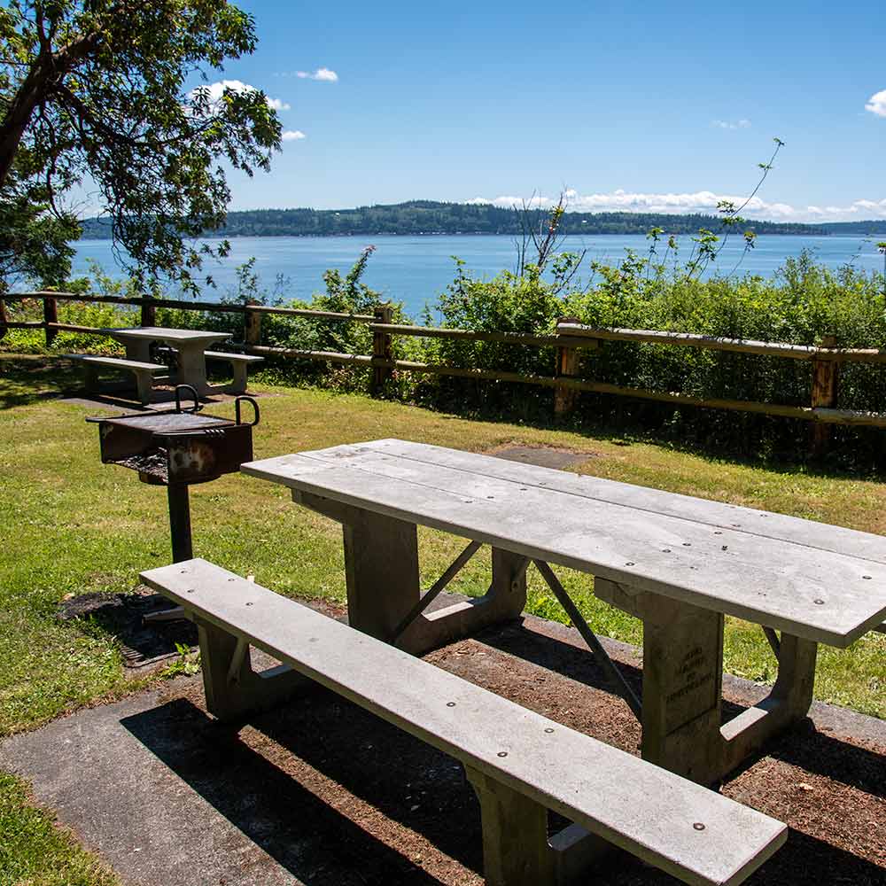 Picnic Tables and metal barbecue grills look out over the water of Saratoga Passage.