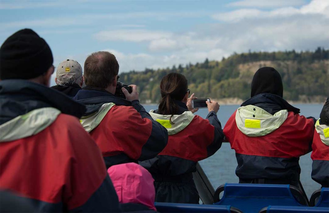 Several passengers in an open air boat are standing ready to take pictures of a whale.