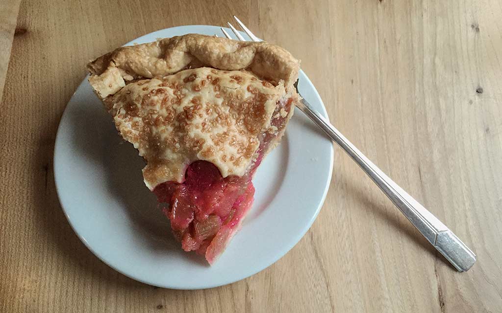 A slice of rhubarb pie on a plate with a fork propped on the plate.
