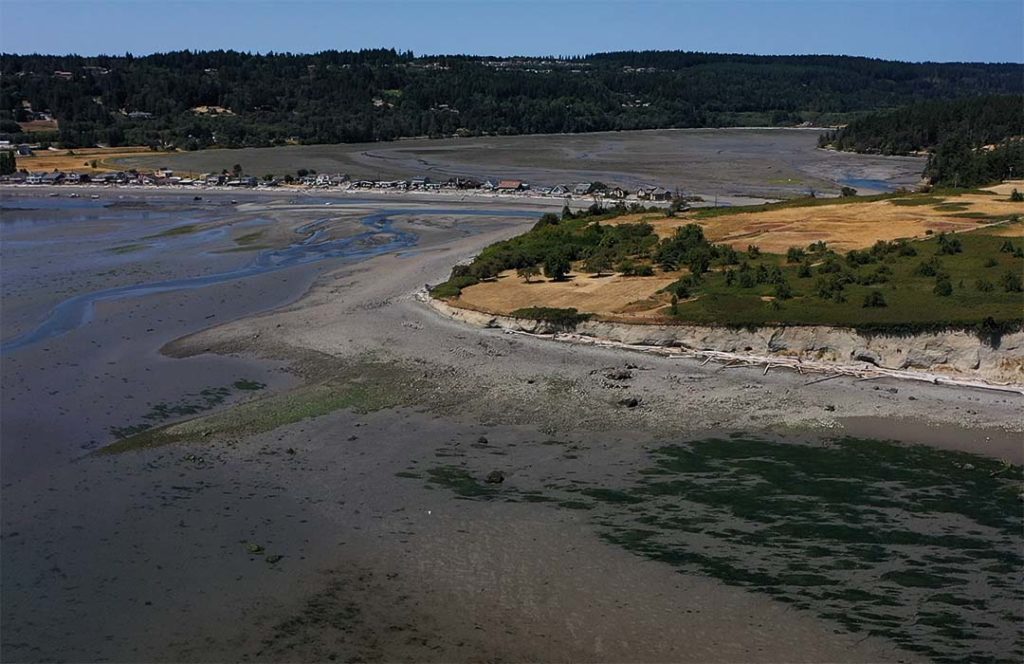An aerial view of the bluff at Barnum Point shows a rocky beach at the base of the bluff.