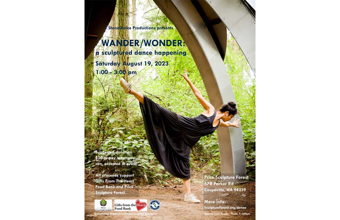 A poster of a woman dancing inside a large sculpture in the woods.