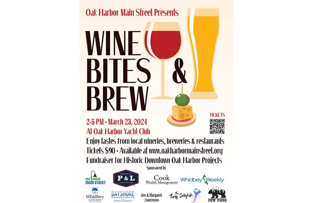 This is a poster for the event Wine Bites and brew. It features drawings of various beverages and food items. It then has a summary of the event details. Those details are in this listing.