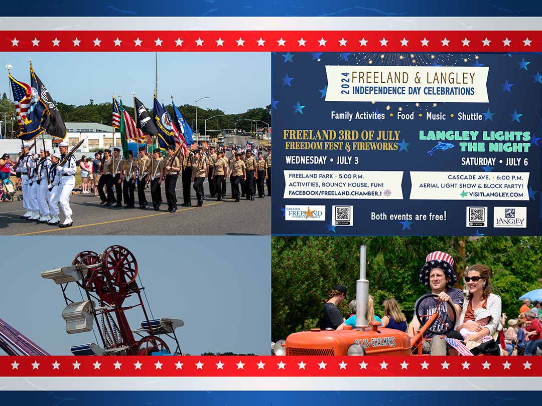 Four Images - Military color guard in a parade-a poster listing upcoming fireworks and light shows that are listed on this page-a carnival ride - and a young couple decked out in patriotic attire driving an old tractor in a parade