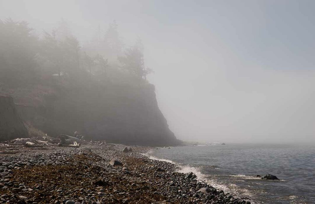 Fog covers a bluff overlooking Puget Sound along West Beach Road.