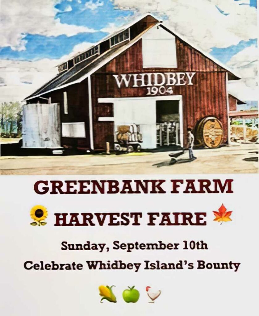 Poster is a painting of an old red barn and says Harvest Faire with basic event details.
