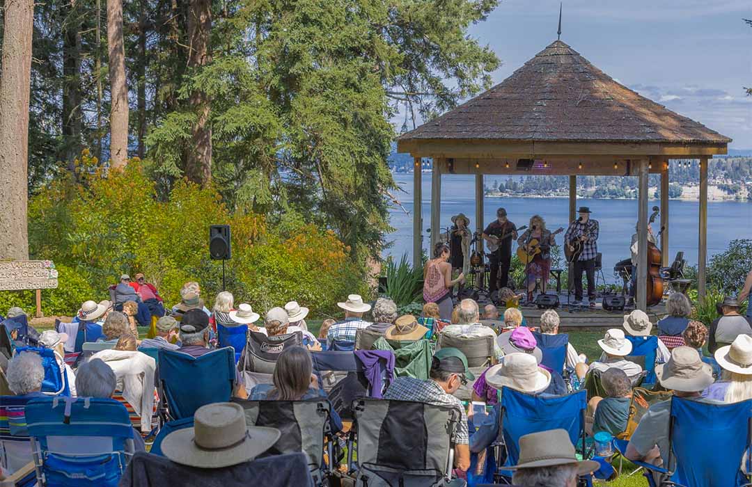 A gazebo stage with the Salish Sea serving as a stunning backdrop