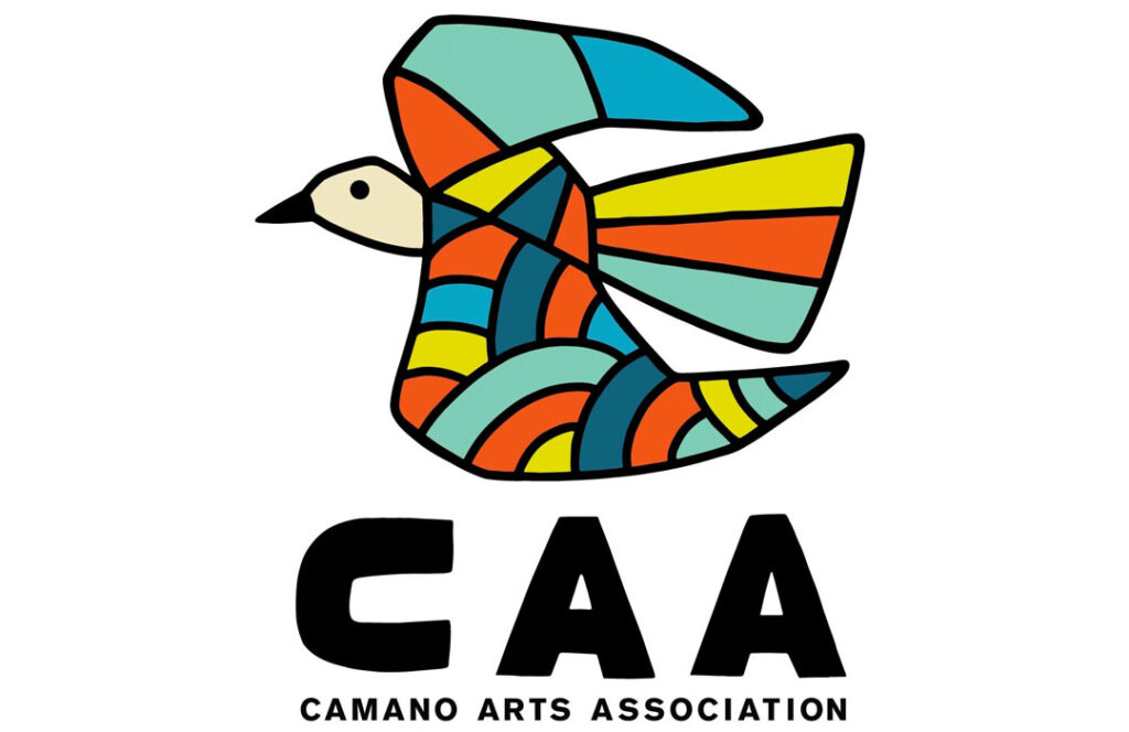 Drawing of a bird made from stained glass. The letters C-A-A are beneath that and the words Camano Arts Association beneath that.