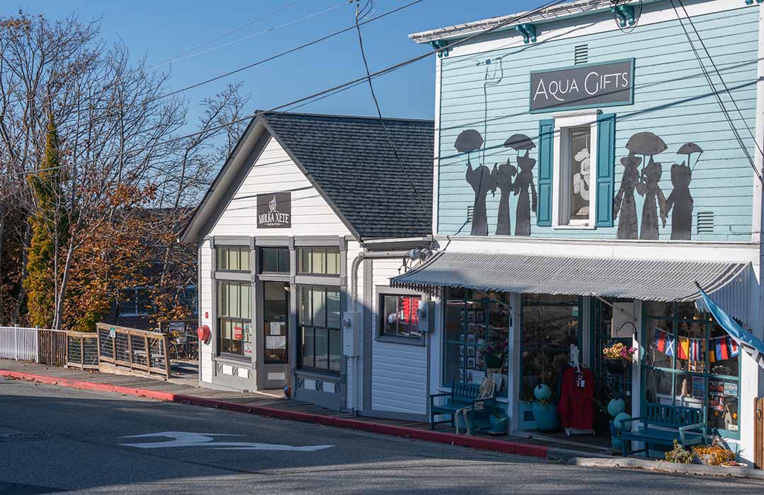 Two old-fashioned storefronts in Coupeville, one of which is decorated with silhouettes of witches.