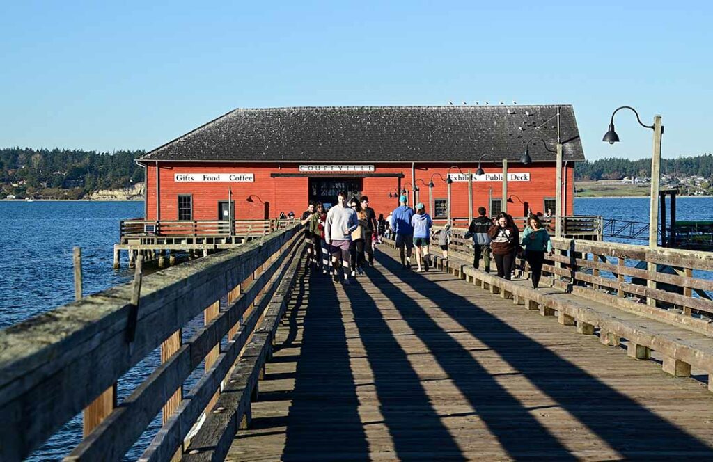 People walking on an old wooden wharf with a red building at the end of the wharf.