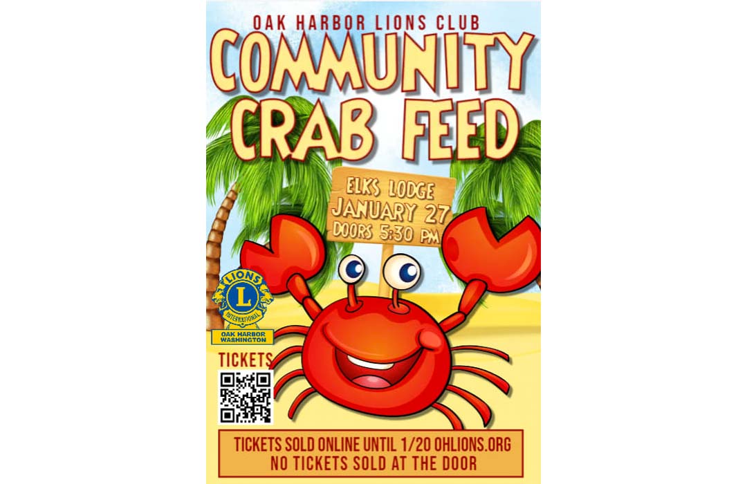 This is a poster with a drawing of a crab and the words Community Crab Feed. The poster has the details that are part of this event listing.