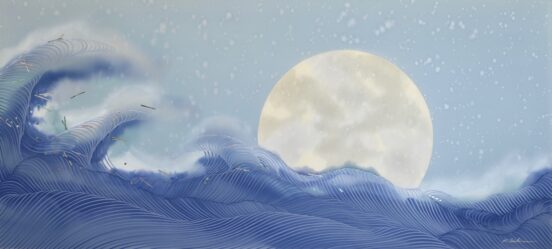 Painting of waves, snowfall and a full moon.