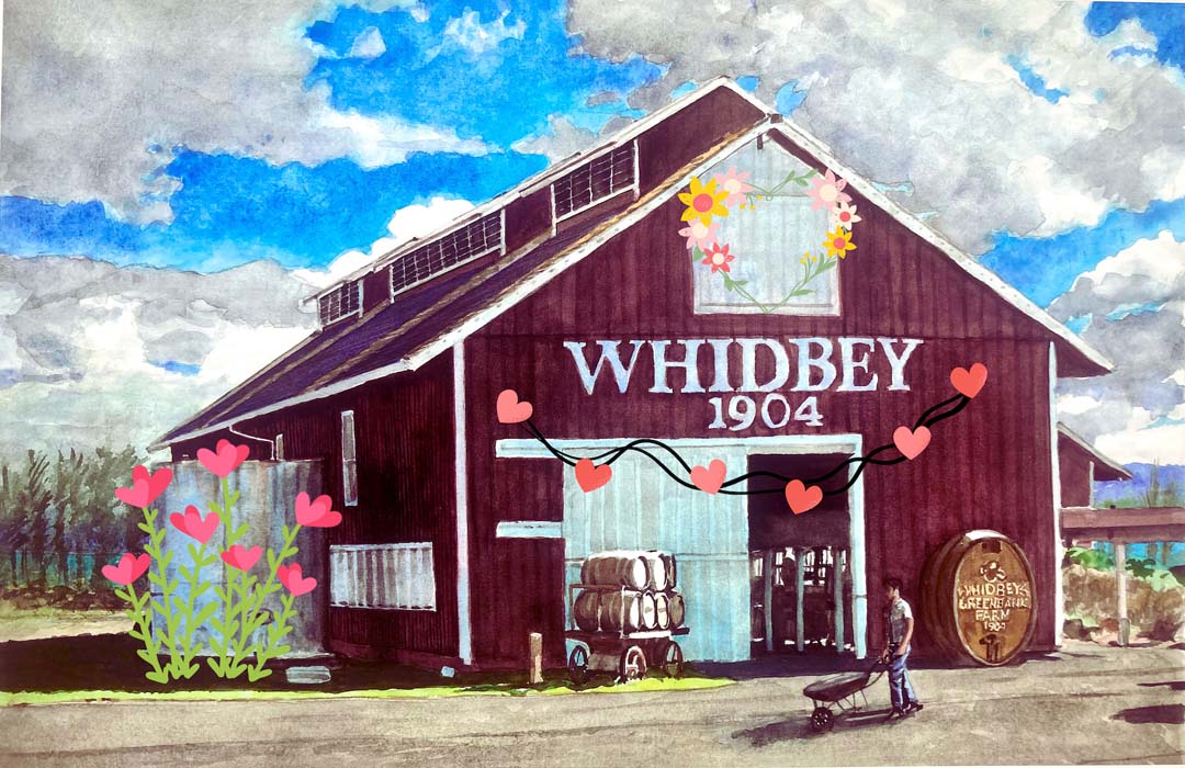 Painting of a red barn with the words Whidbey 1904 on the barn and red hearts on the barn.