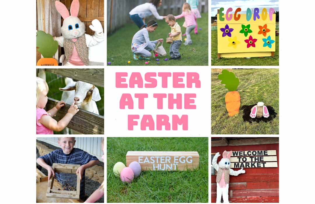 A collage of kids hunting for Easter eggs, the Easter Bunny, and so on.