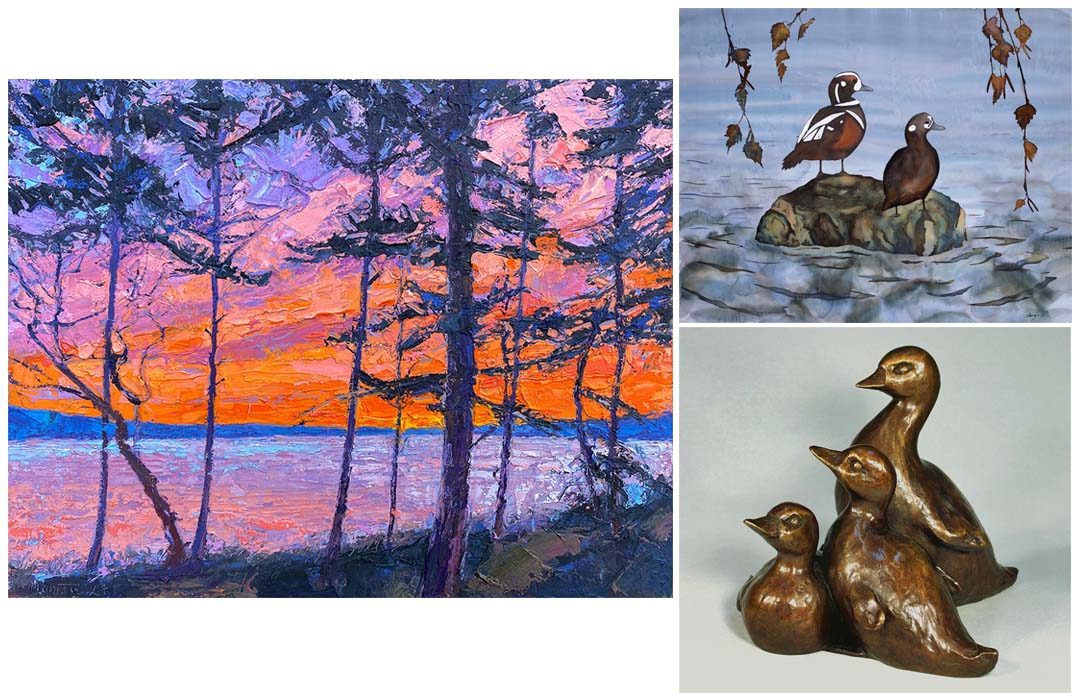 Collage of 3 pieces of art; a painting of an ocean sunset, a painting of ducks on a rock, and a sculpture of 2 ducks and a goose.