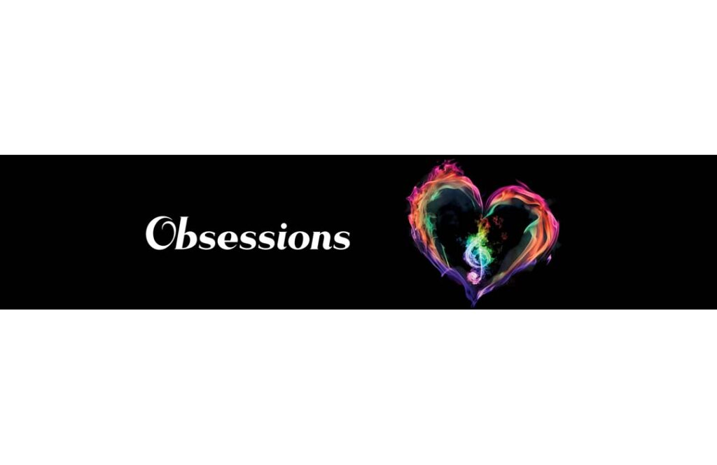 Poster has the word "obsessions" and a stylized drawing of a heart with a person sitting in it.