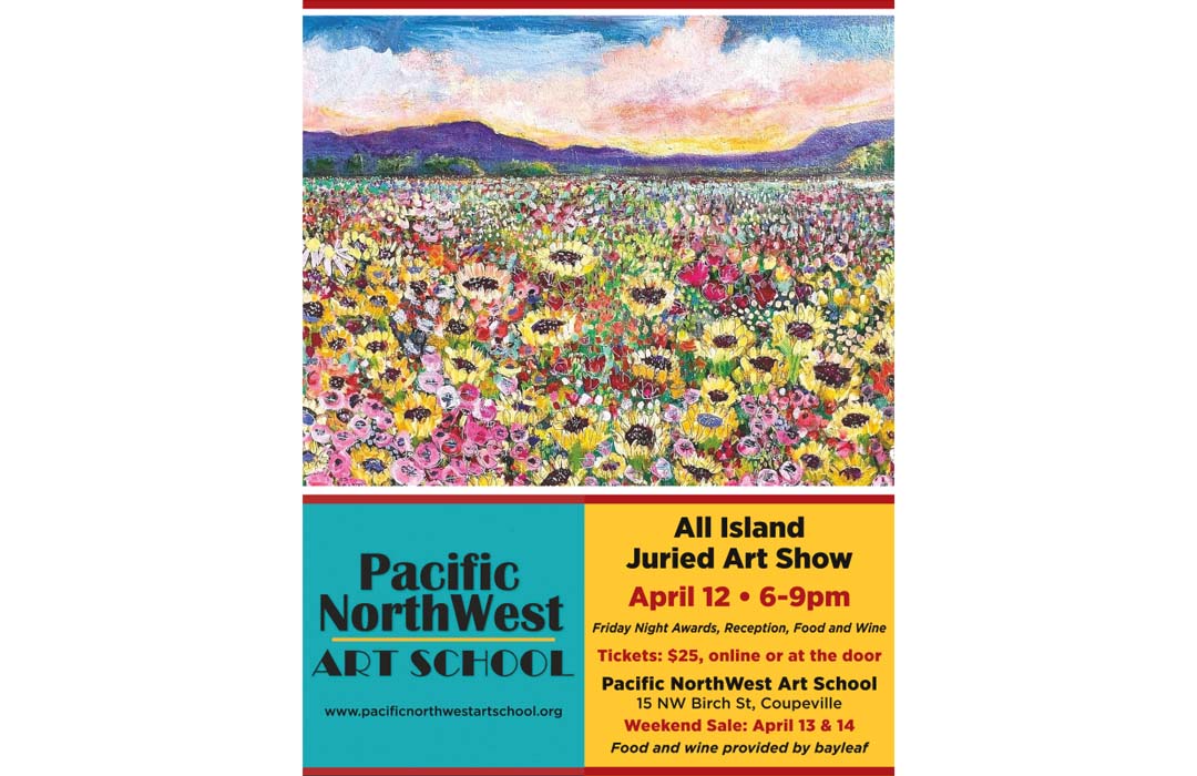 Art show poster shows painting of flowers in a field and has the same event details as this listing.