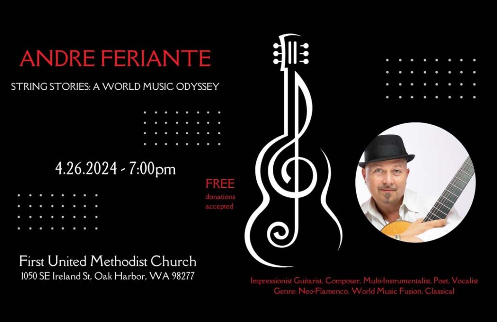 Poster features the same information as this listing along with a photo of Andre Feriante and the drawing of a cello that incorporates the musical treble clef sign.
