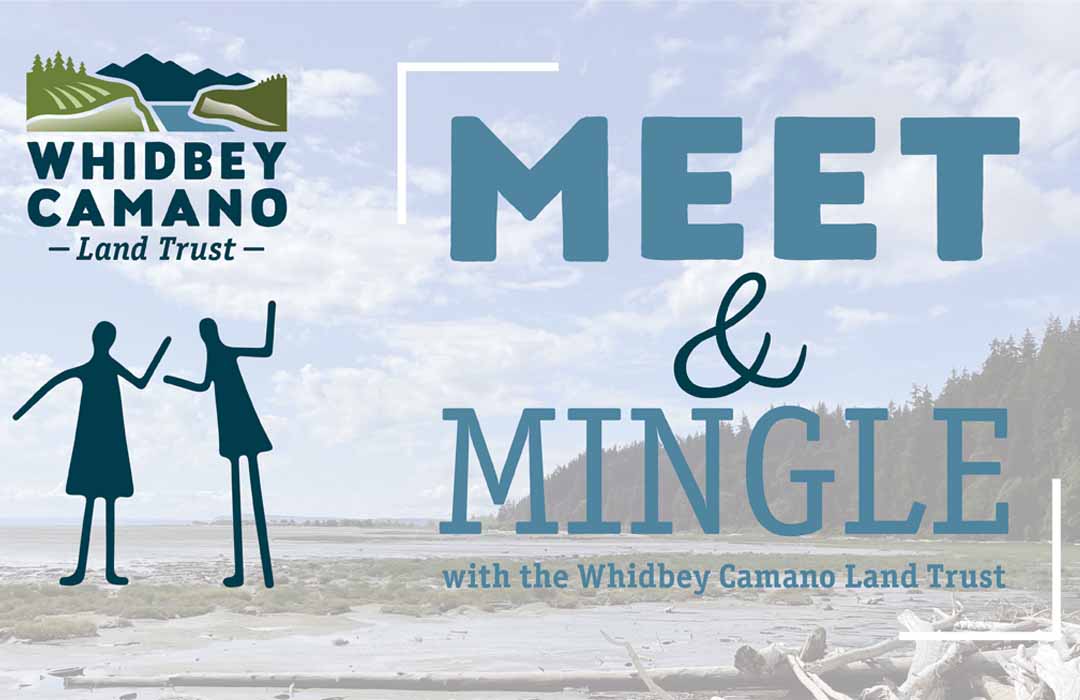 Poster says Meet and Mingle and has the drawing of two people and the land trust logo over the photo of a beach.