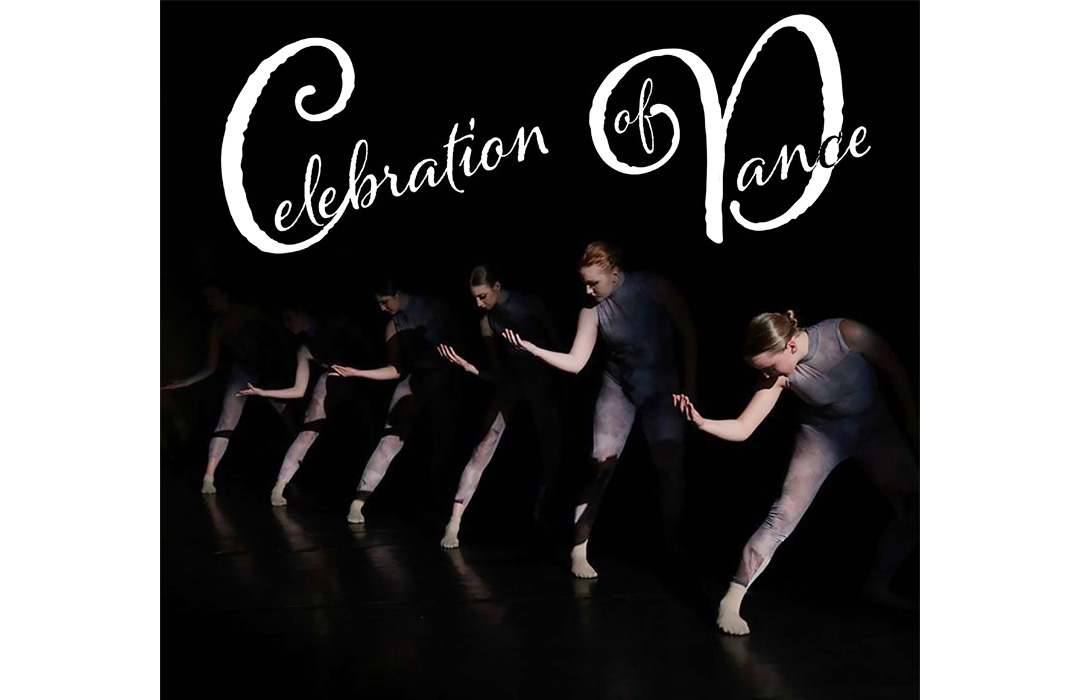 Dancers in partial shadow against a black background with the words "Celebration of Dance."