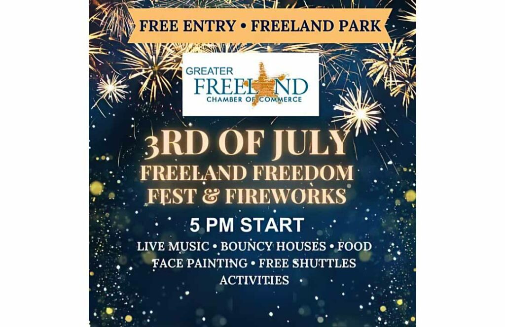 Background is a photo of fireworks. There is the Freeland Chamber logo that has a starfish in place of the letter "A" and the same details that are in this listing.