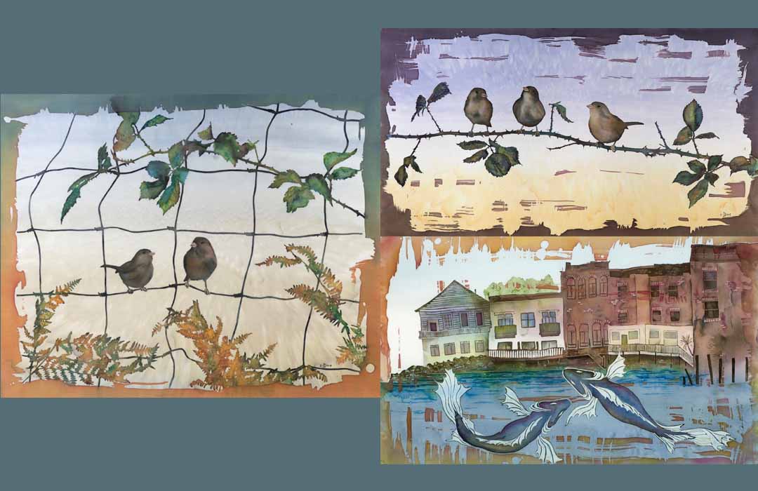 Collage of three paintings. Two show birds and the third shows fish jumping in front of an old waterfront town.