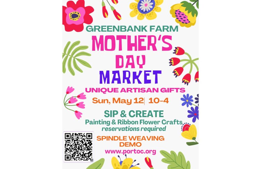 Poster shows drawings of flowers and the words, "Greenbank Farm Mother's Day Market." The poster has the same details as this listing.