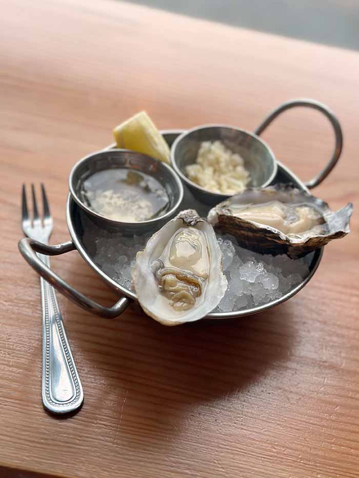 Two oysters on the half shell along with butter and garlic on a bed of ice.