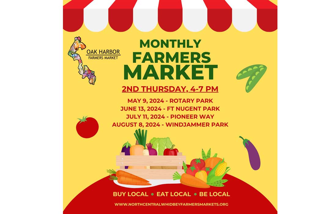 Poster shows a drawing of various produce and the words Monthly Farmers Market. There are also the same details as are in this listing.