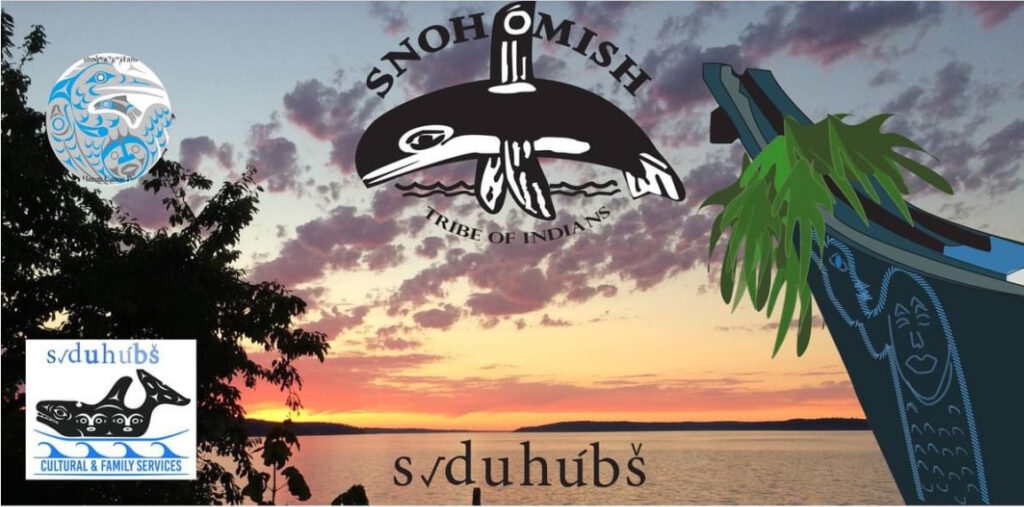 sunset image with snohomish tribes of indians logo as well as the cultural & family services logo