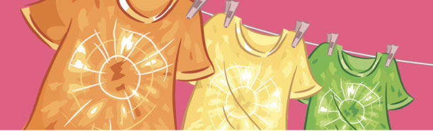 illustration of tie dye tee shirts hanging on a line