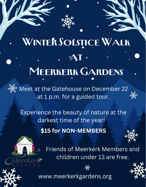 Poster Winter Solstice Walk at Meerkerk Gardens with snow flakes with the info in this listimg