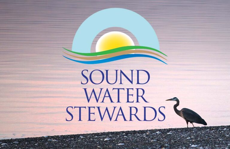 Sound Water Stewards logo over photo of heron